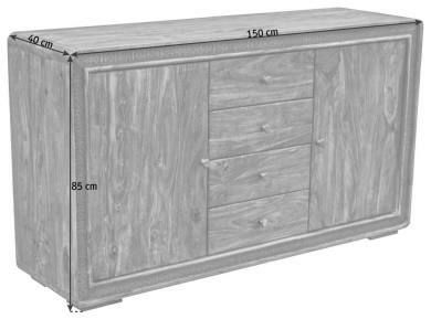 Kommode aus Holz mit drei Schubladen und zwei Türen, seitliche Perspektive, Maße: 150 cm Breite, 85 cm Höhe, 40 cm Tiefe.