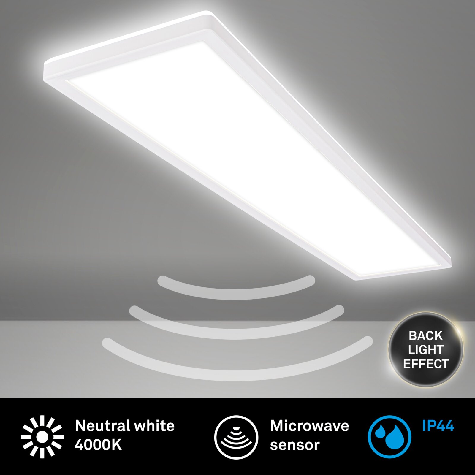 Witte rechthoekige LED plafondlamp met backlight-effect, neutraal wit 4000K, microgolfsensor en IP44, schuin van onderen gezien