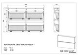 Technische Zeichnung eines Hängeschuhschranks mit den Maßen Breite: 140 cm, Höhe: 93 cm, Tiefe: 22 cm. Frontale und seitliche Ansichten sind dargestellt.