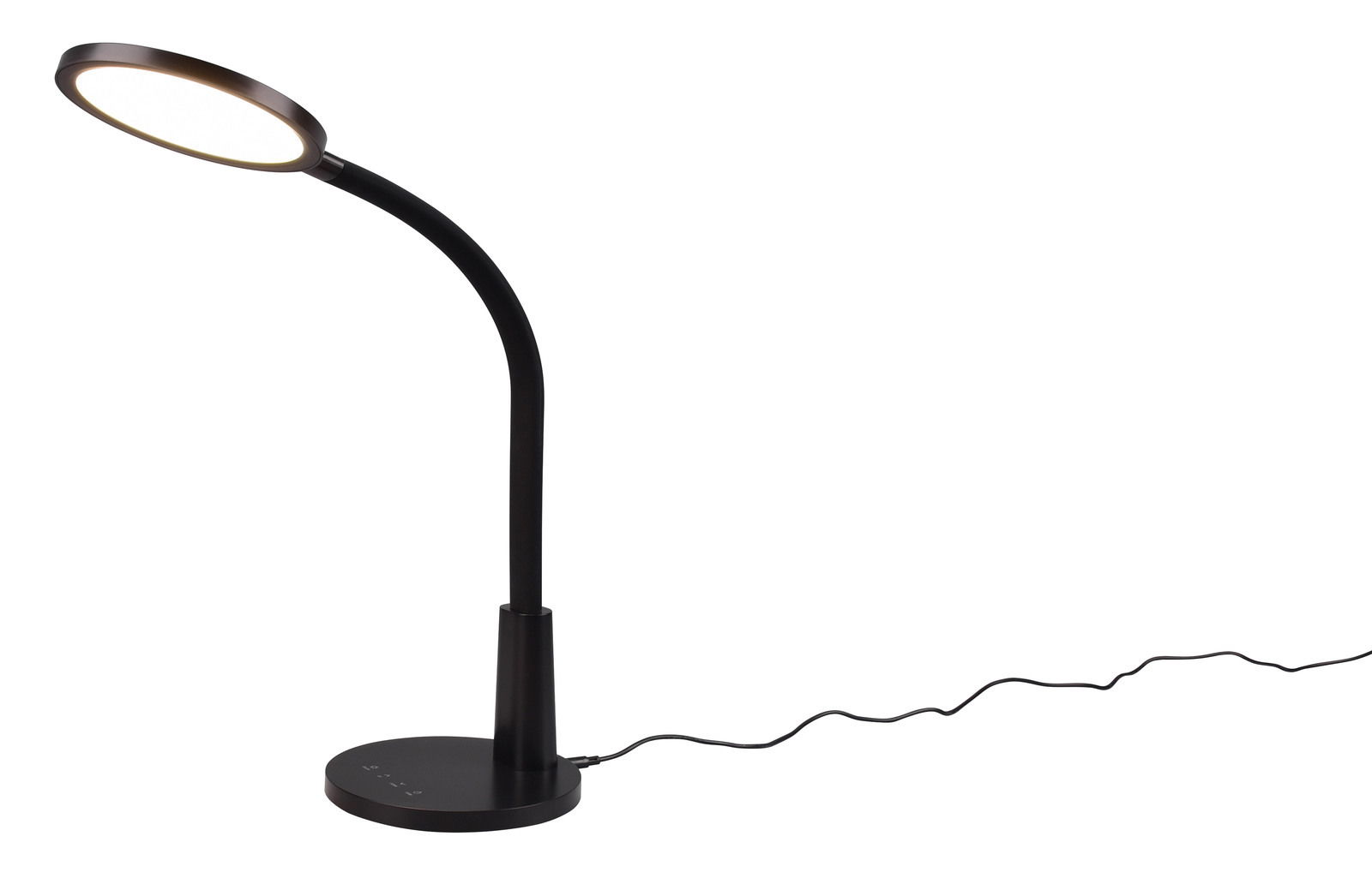 Moderne schwarze Tischleuchte Sally mit flexiblem Hals und rundem Lampenschirm, seitliche Perspektive