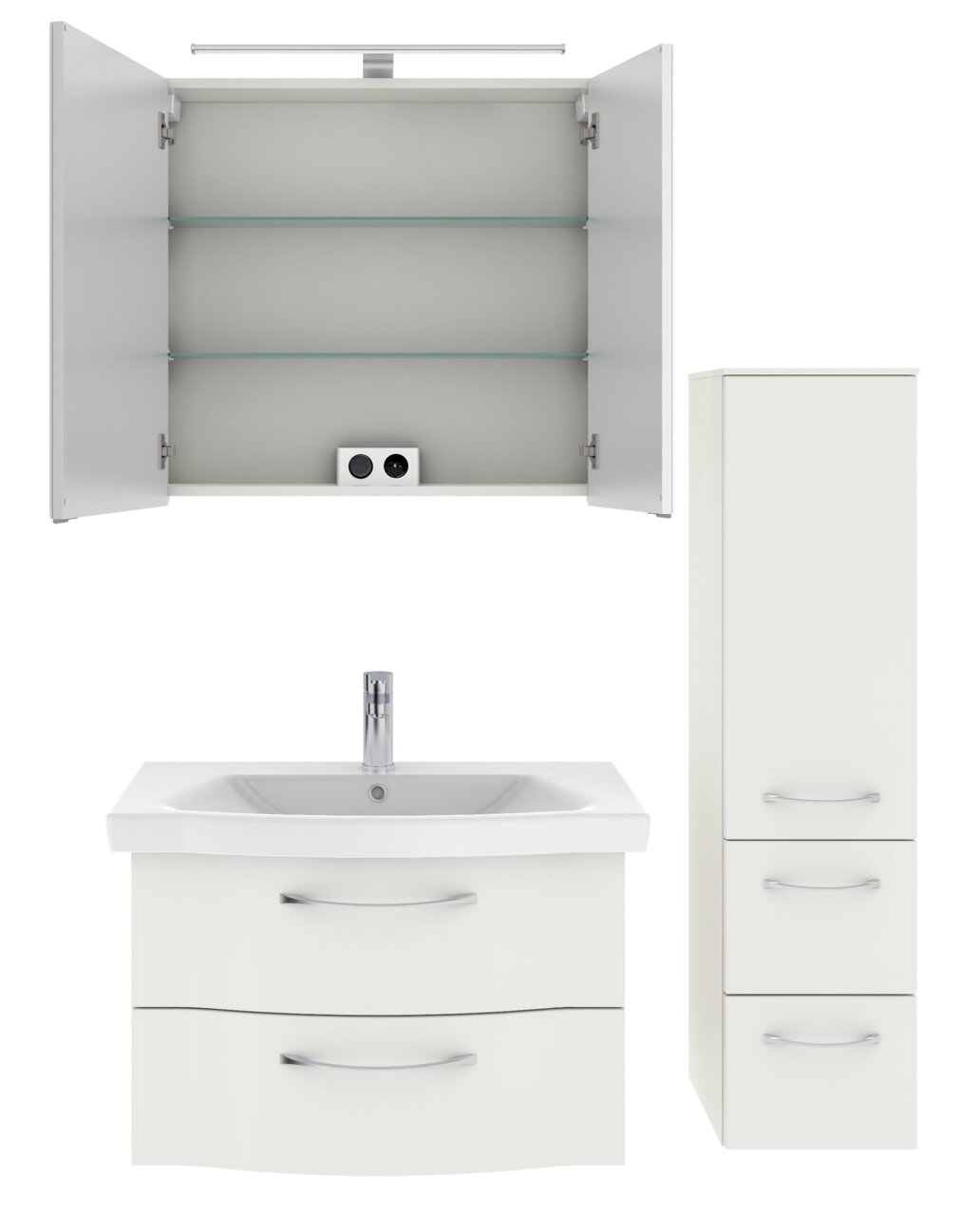 Badezimmermöbel-Set bestehend aus einem Spiegelschrank mit Beleuchtung, einem Waschbeckenunterschrank mit zwei Schubladen und einem hohen Seitenschrank, frontal abgebildet.