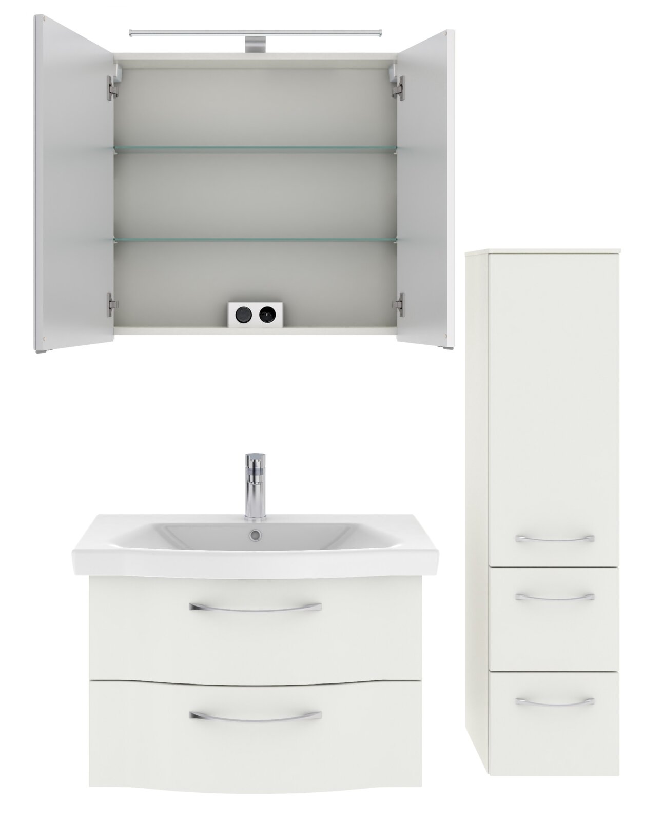 Badezimmermöbel-Set bestehend aus einem Spiegelschrank mit Beleuchtung, einem Waschbeckenunterschrank mit zwei Schubladen und einem hohen Seitenschrank, frontal abgebildet.