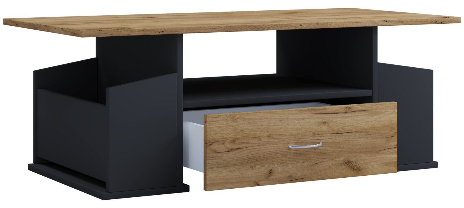 Moderner Couchtisch mit Holzplatte in Eichenoptik und schwarzem Korpus, mit offenem Ablagefach und teilweise herausgezogener Schublade mit Metallgriff, dargestellt in leichter Schrägansicht von vorn.