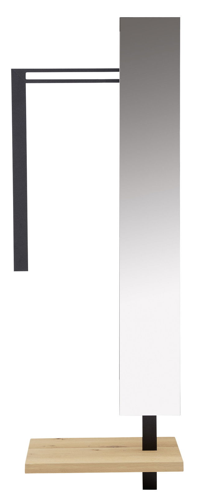 Musterring Anstellgarderobe (rechts) MR JOLINE Moderne Anstellgarderobe mit rechteckigem Spiegel, schwarzem Metallrahmen und Holzablage, seitliche Perspektive.