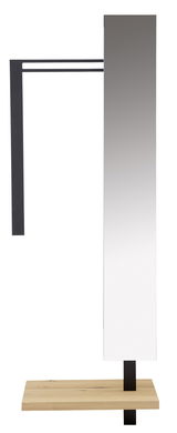 Moderne Anstellgarderobe mit rechteckigem Spiegel, schwarzem Metallrahmen und Holzablage, seitliche Perspektive.