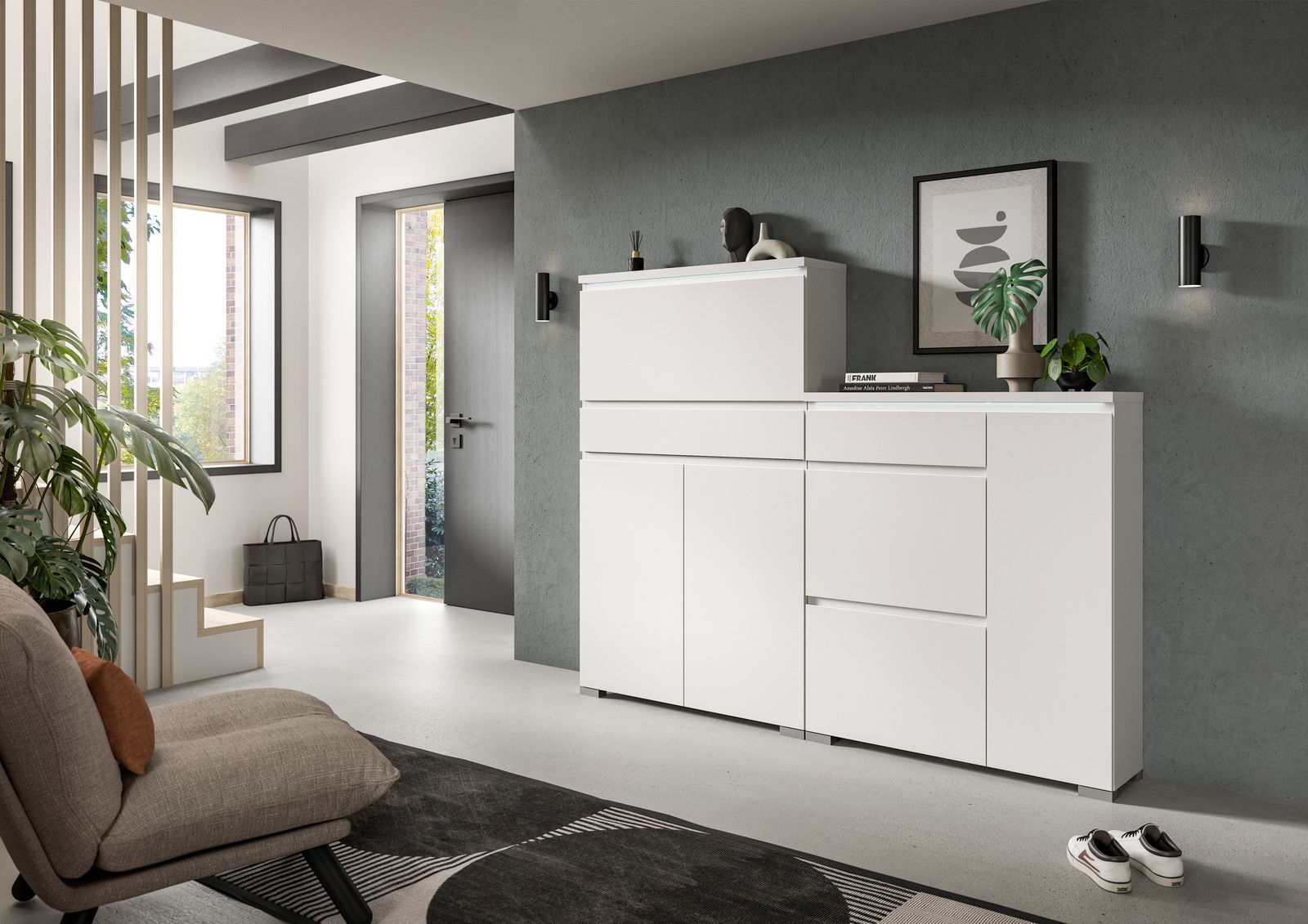 MID.YOU Schuhschrank SHOELOVE Moderner weißer Schuhschrank in einem stilvollen Eingangsbereich, frontal betrachtet.