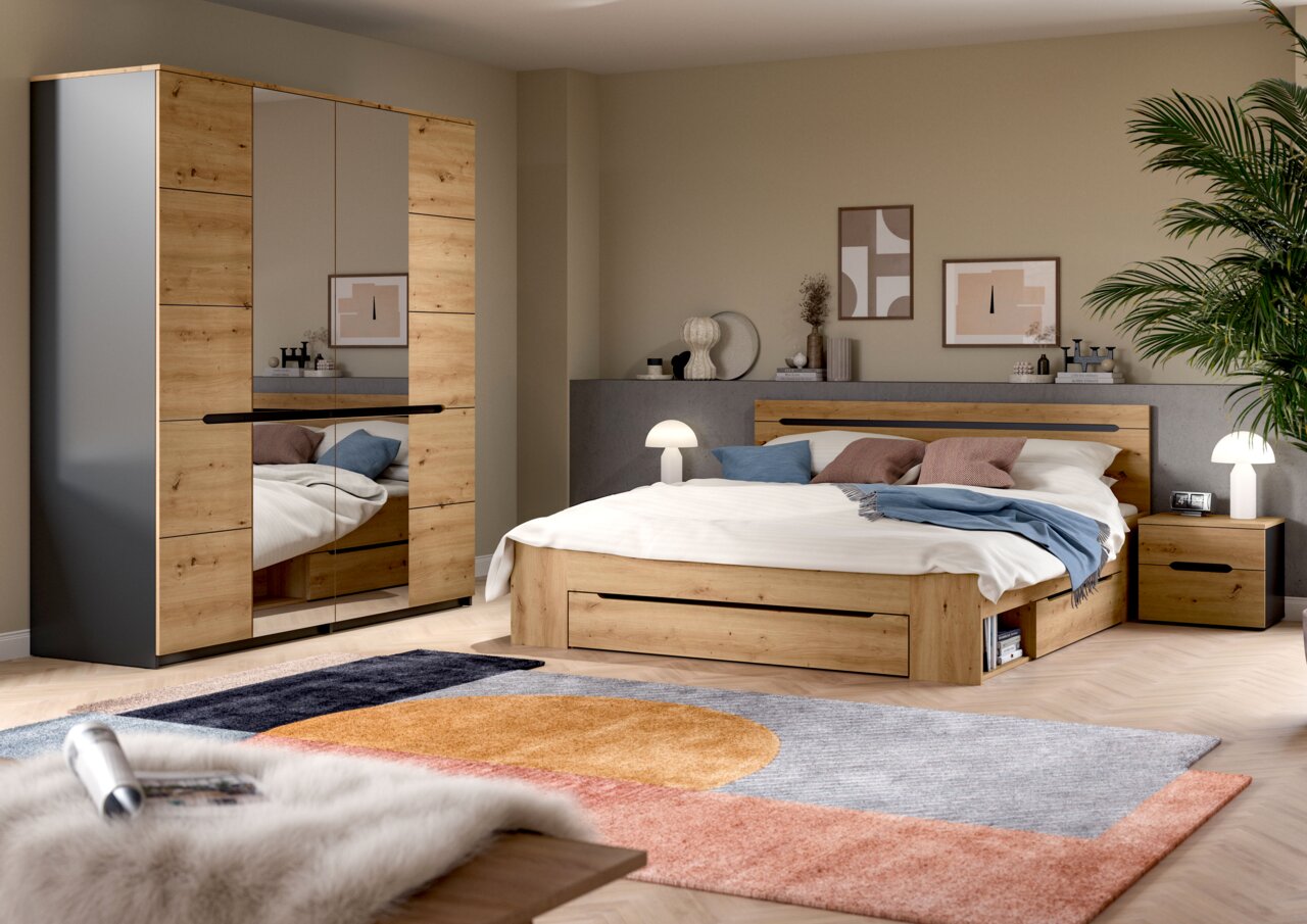 MID.YOU Nachtkommoden 2er-Set CANU Modernes Schlafzimmer-Set mit Holzbett inklusive Stauraum, Nachttisch und Kleiderschrank mit Spiegeltüren in Eiche-Optik und dunklen Akzenten, fotografiert in schräger Frontansicht aus leicht erhöhter Perspektive.