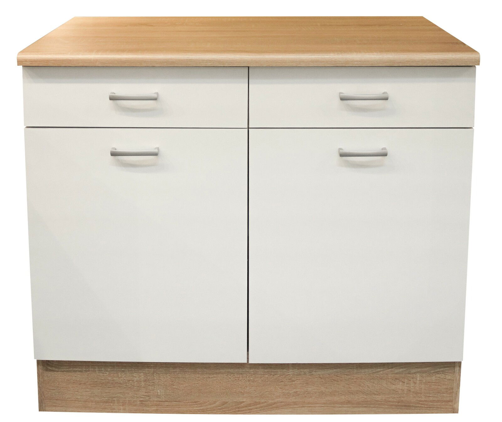 Moderner Unterschrank mit zwei Schubladen und zwei Türen, Holzoptik, Frontalansicht