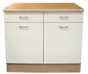 Moderner Unterschrank mit zwei Schubladen und zwei Türen, Holzoptik, Frontalansicht