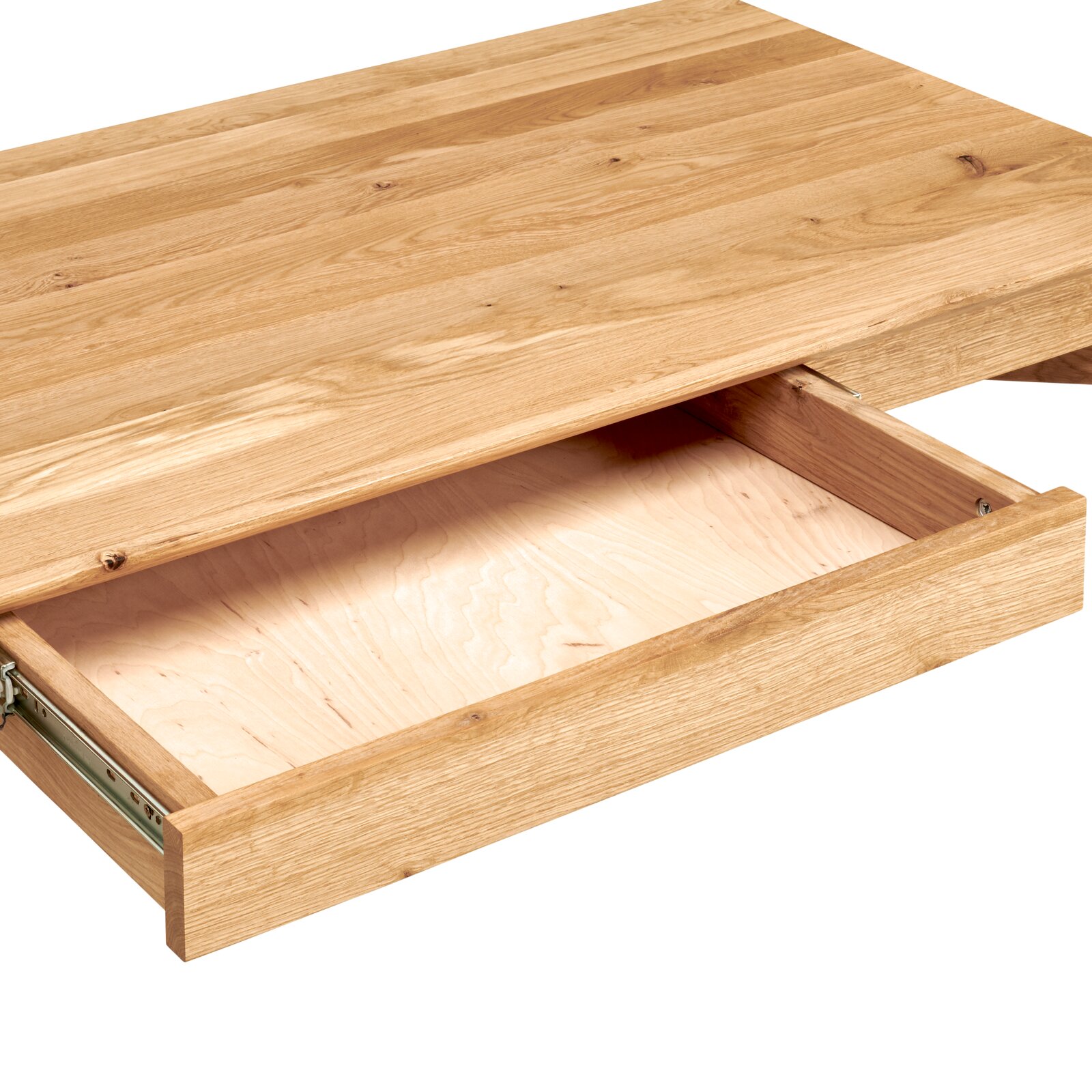 Nahaufnahme eines Schreibtisches aus Holz mit geöffneter Schublade, von oben betrachtet.