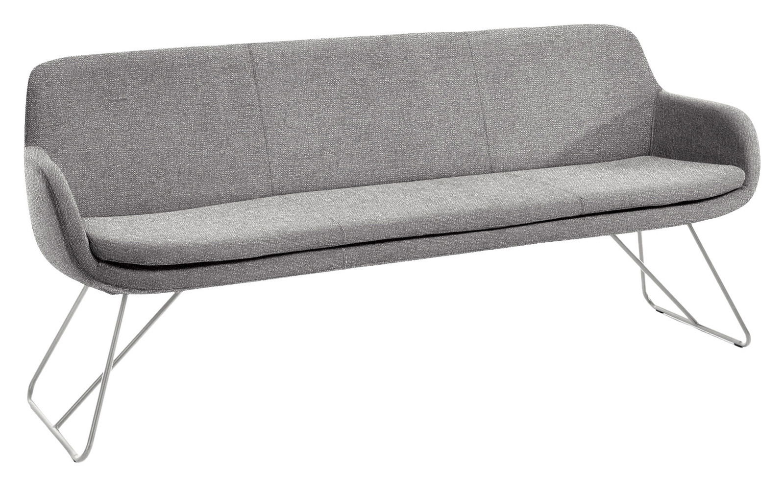 Graue Polsterbank mit Metallbeinen, seitliche Perspektive