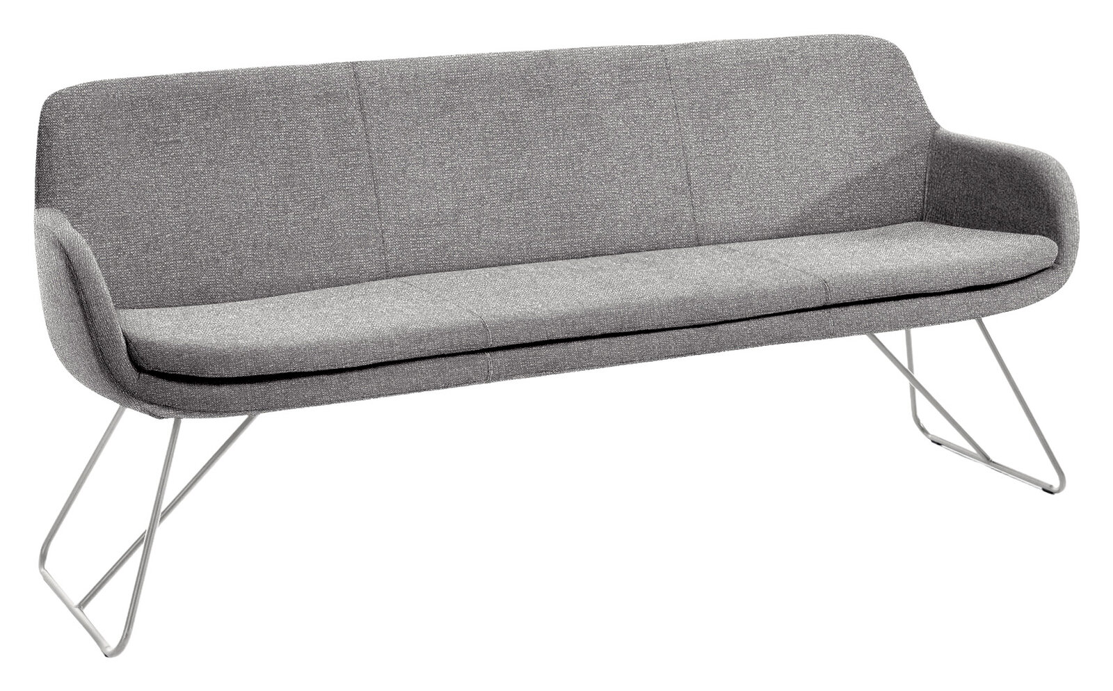 Graue Polsterbank mit Metallbeinen, seitliche Perspektive