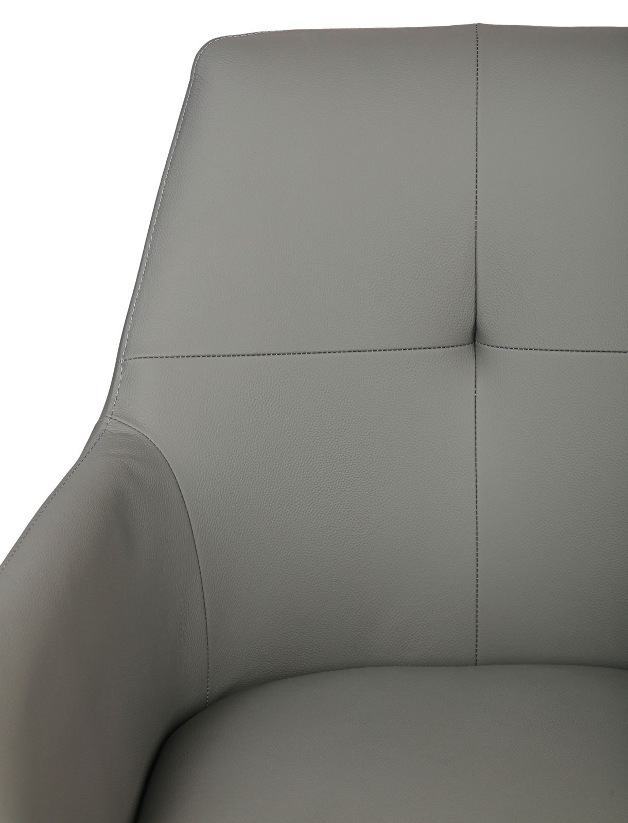 Nahaufnahme eines grauen Armlehnstuhls aus Leder, Vorderansicht