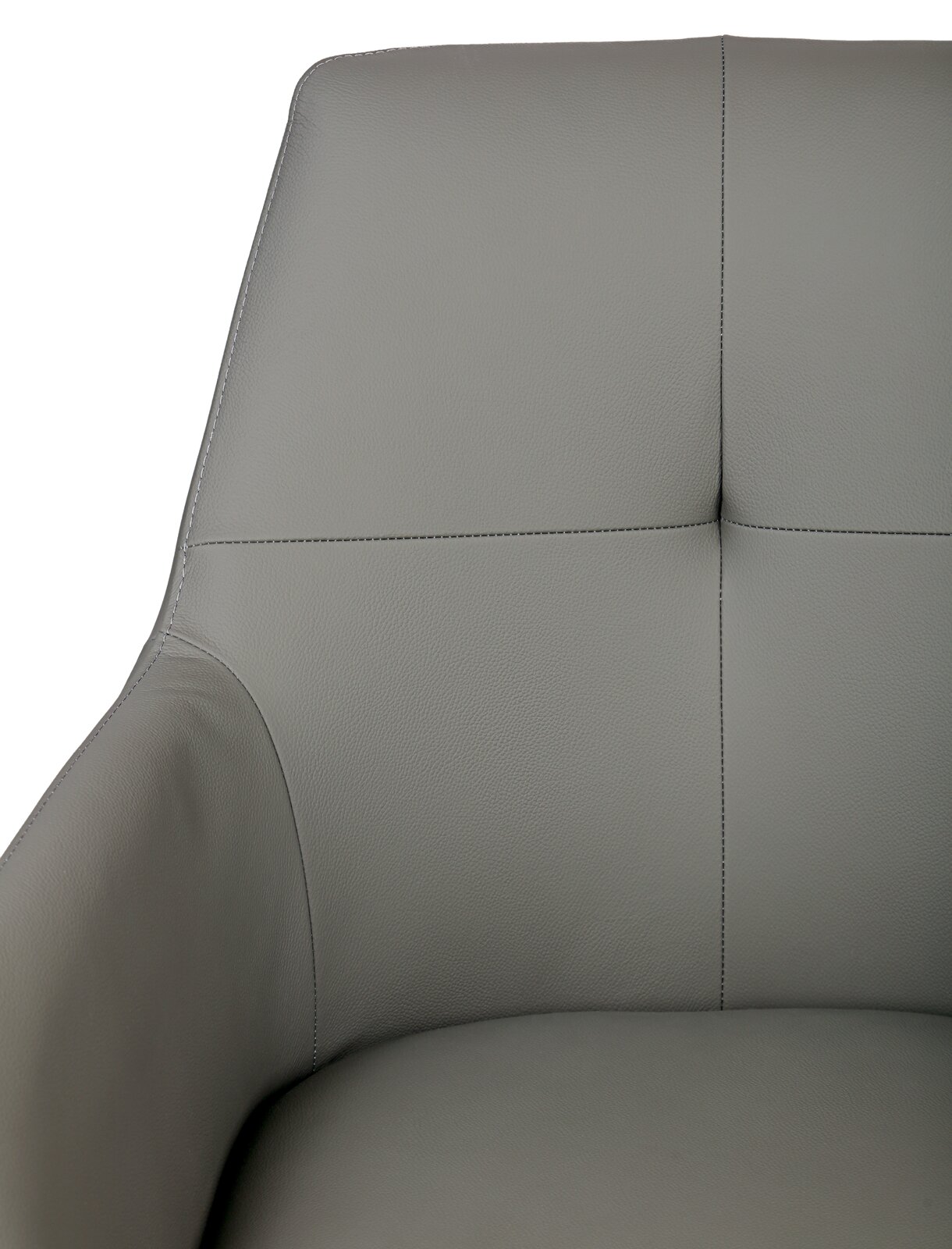 Nahaufnahme eines grauen Armlehnstuhls aus Leder, Vorderansicht