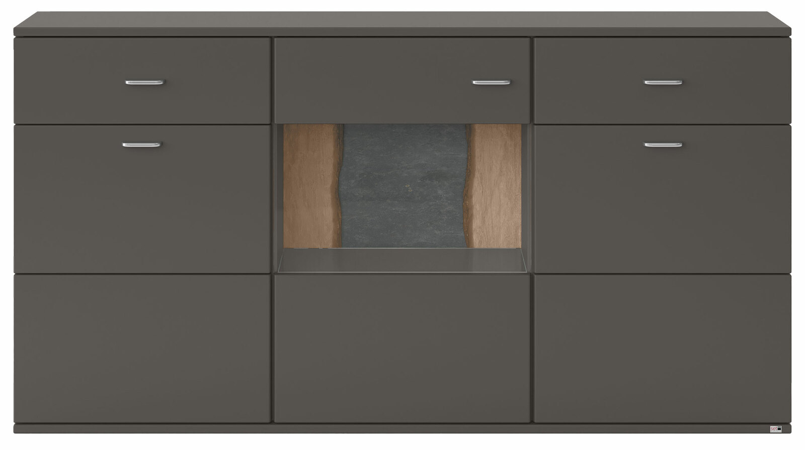 Modernes Sideboard in dunklem Grau mit mehreren Schubladen und einem offenen Fach in der Mitte, Frontalansicht