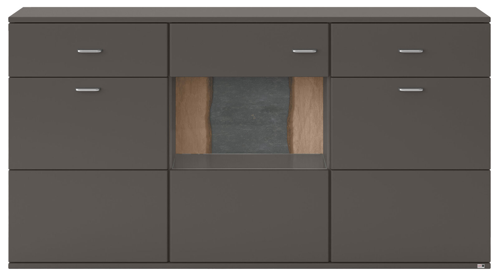 Modernes Sideboard in dunklem Grau mit mehreren Schubladen und einem offenen Fach in der Mitte, Frontalansicht