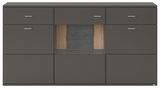 Modernes Sideboard in dunklem Grau mit mehreren Schubladen und einem offenen Fach in der Mitte, Frontalansicht