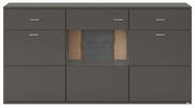 Modernes Sideboard in dunklem Grau mit mehreren Schubladen und einem offenen Fach in der Mitte, Frontalansicht