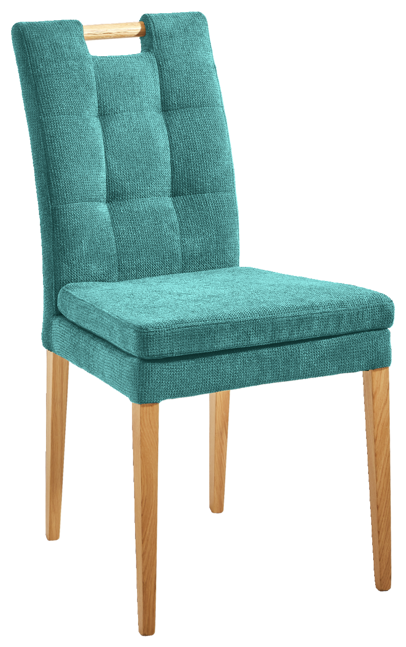 Cantus Stuhl BARCELONA Moderner Stuhl mit türkisfarbenem Stoffbezug und Holzbeinen, seitliche Perspektive