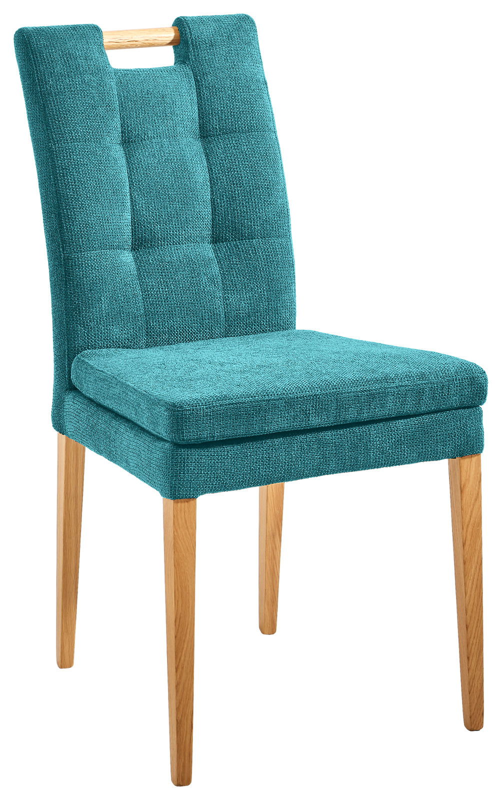 Moderner Stuhl mit türkisfarbenem Stoffbezug und Holzbeinen, seitliche Perspektive
