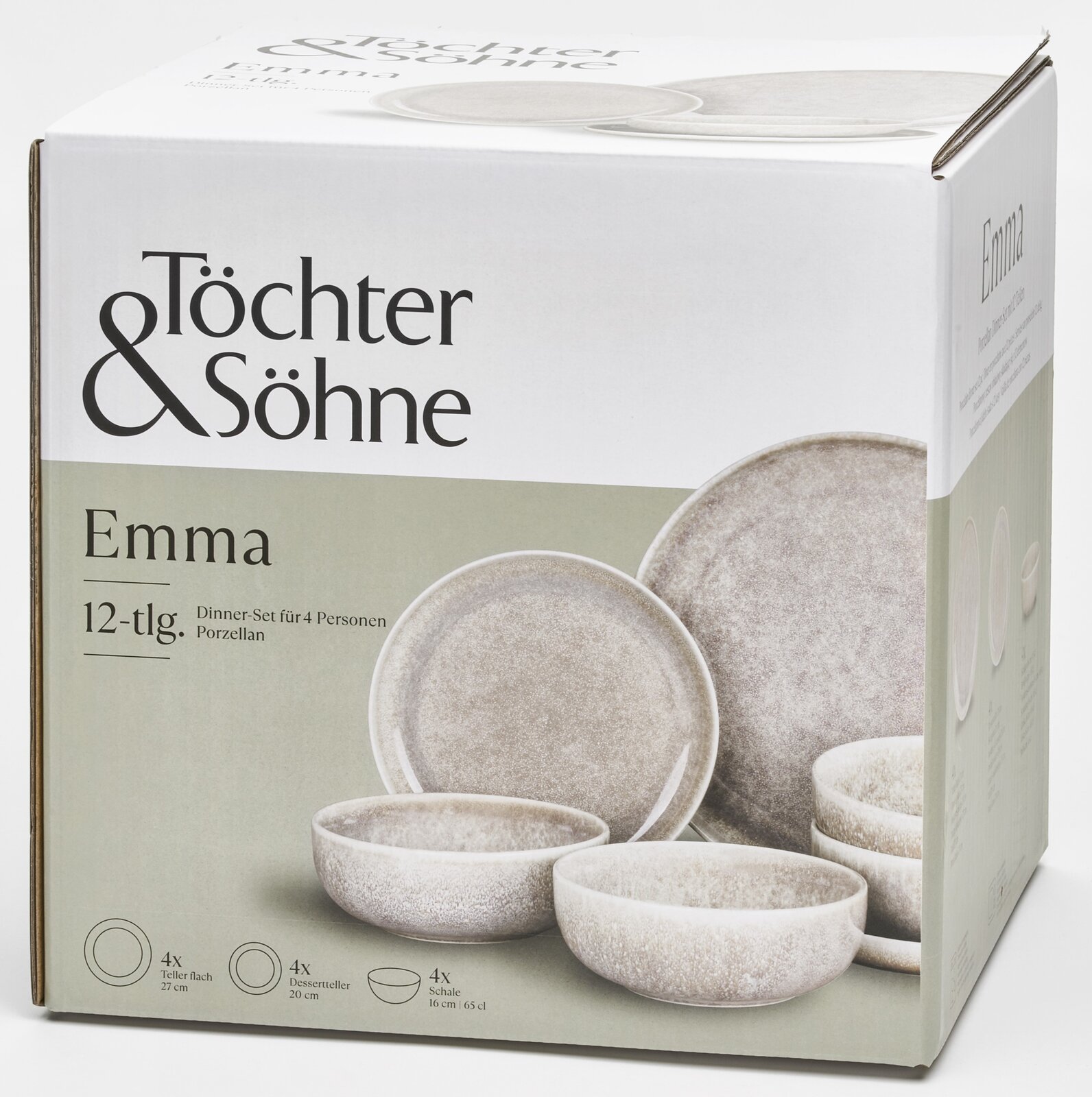 Töchter & Söhne Emma 12-teiliges Tellerset aus Porzellan, bestehend aus flachen Tellern, Desserttellern und Schalen, seitliche Perspektive der Verpackung