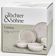 Töchter & Söhne Emma 12-teiliges Tellerset aus Porzellan, bestehend aus flachen Tellern, Desserttellern und Schalen, seitliche Perspektive der Verpackung