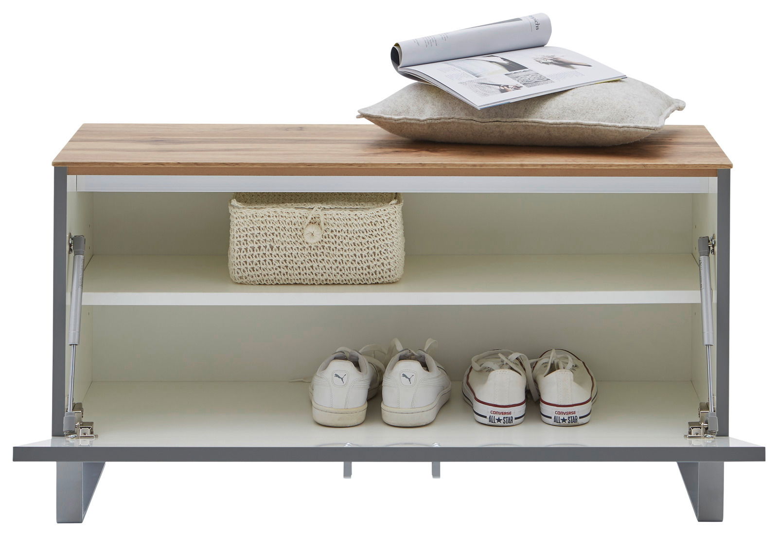 Dieter Knoll Garderobenbank CORTINA Garderobenbank mit Holzoberfläche, zwei offenen Fächern, einem Kissen und einer Zeitschrift auf der Oberseite, frontal betrachtet.