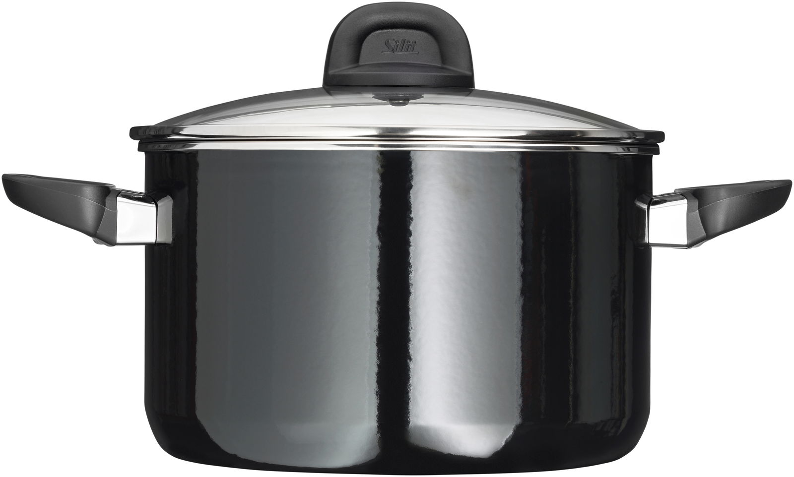 Schwarzer Kochtopf mit Glasdeckel und seitlichen Griffen, seitliche Perspektive
