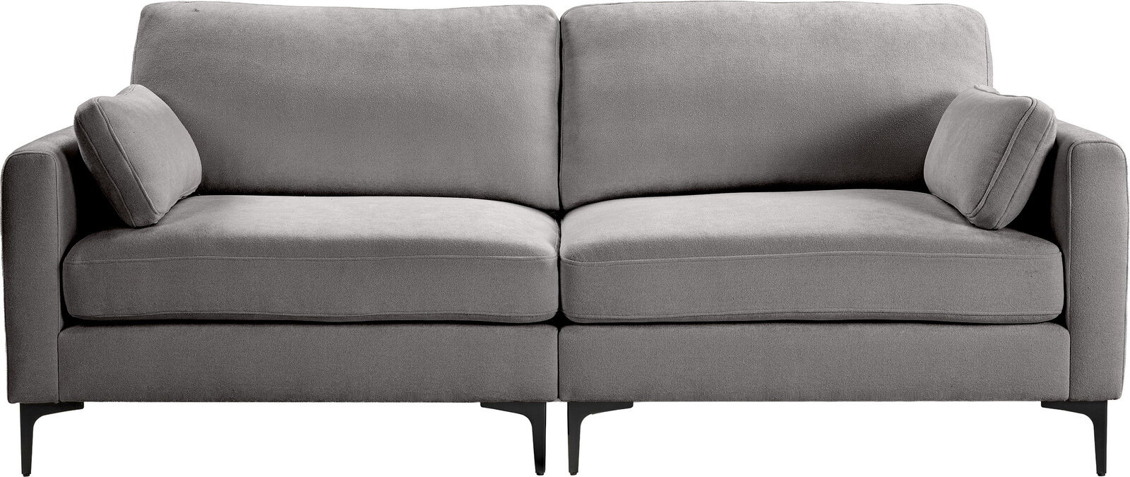 Graues 2-Sitzer-Sofa mit zwei Sitz- und zwei Rückenkissen, abgerundeten Armlehnen und schwarzen Metallfüßen, frontal von vorne fotografiert.