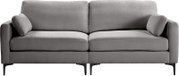 Graues 2-Sitzer-Sofa mit zwei Sitz- und zwei Rückenkissen, abgerundeten Armlehnen und schwarzen Metallfüßen, frontal von vorne fotografiert.