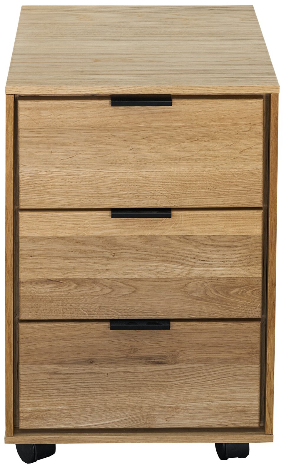 Holzkommode mit drei Schubladen und schwarzen Griffleisten auf Rollen, Frontansicht