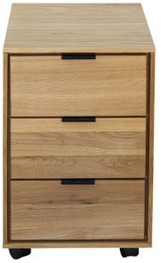 Holzkommode mit drei Schubladen und schwarzen Griffleisten auf Rollen, Frontansicht