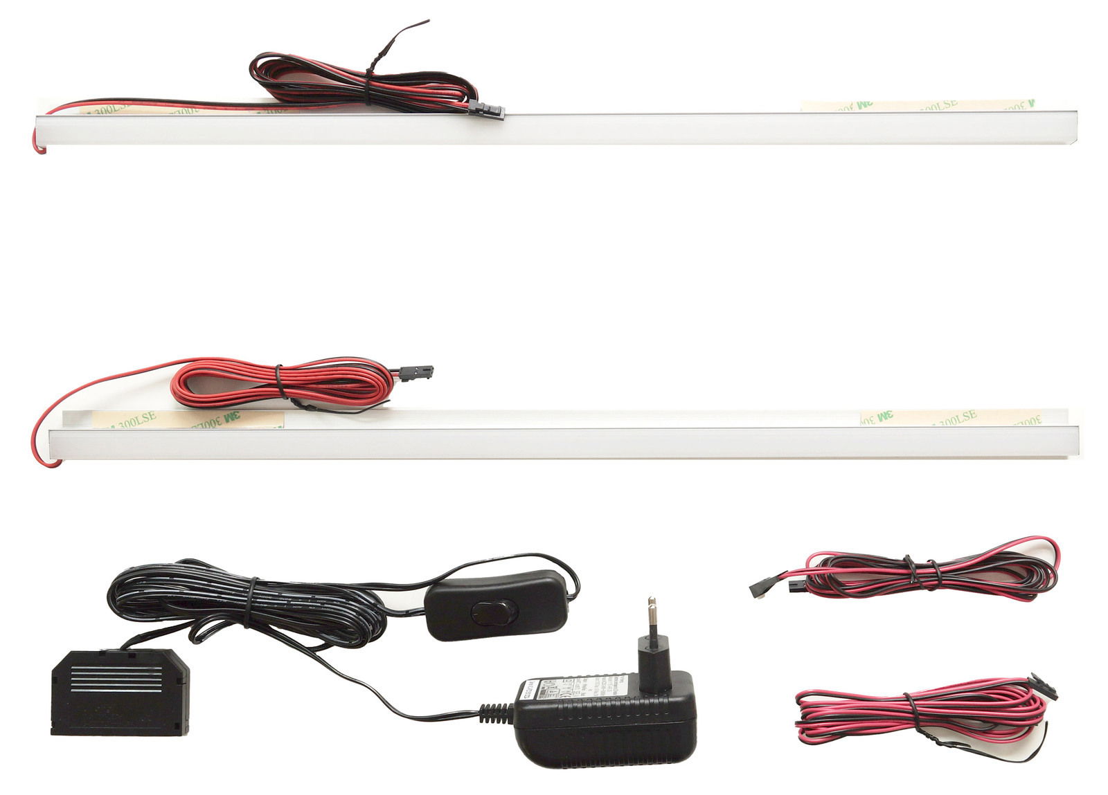LED-Beleuchtungsset mit zwei Lichtleisten, Kabeln und Netzteil, Ansicht von oben