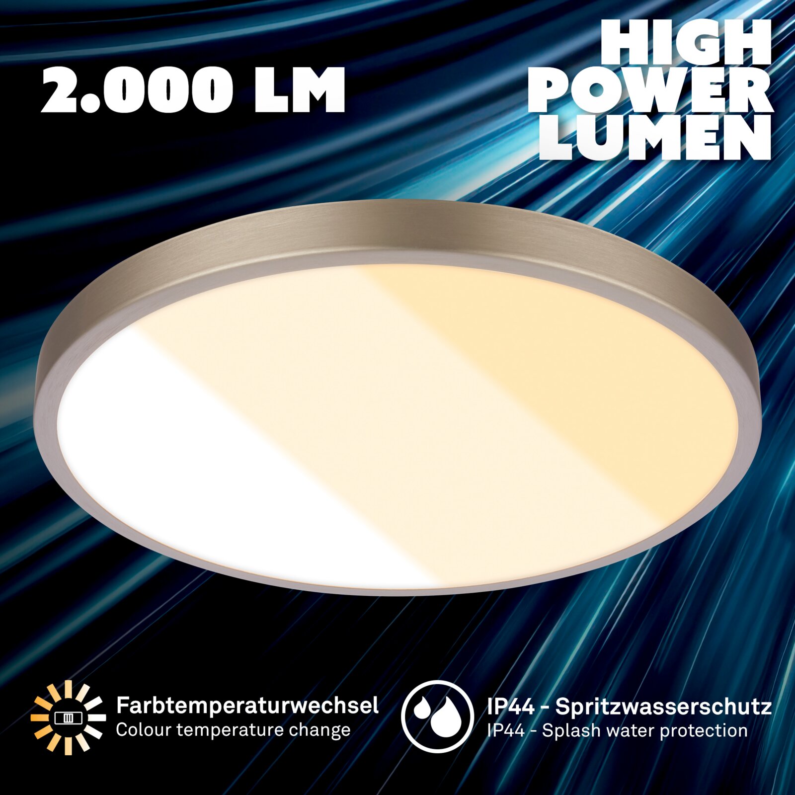 Ronde LED plafondlamp met metalen rand en matte diffuser, 2000 lumen high power, met kleurtemperatuurwisseling en IP44 spatwaterbescherming, schuin van onderen in close-up weergegeven.