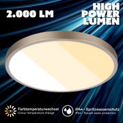 Ronde LED plafondlamp met metalen rand en matte diffuser, 2000 lumen high power, met kleurtemperatuurwisseling en IP44 spatwaterbescherming, schuin van onderen in close-up weergegeven.