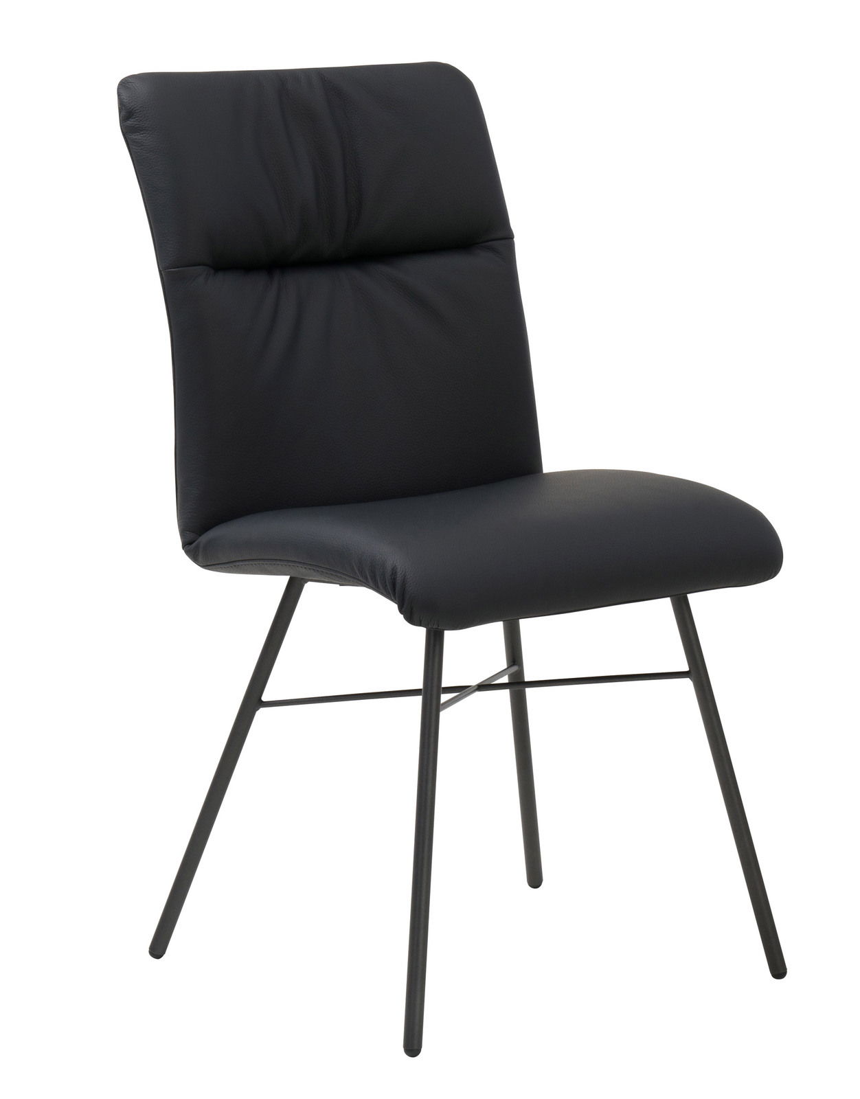 Moderner schwarzer Stuhl mit gepolsterter Rückenlehne und Sitzfläche, seitliche Perspektive