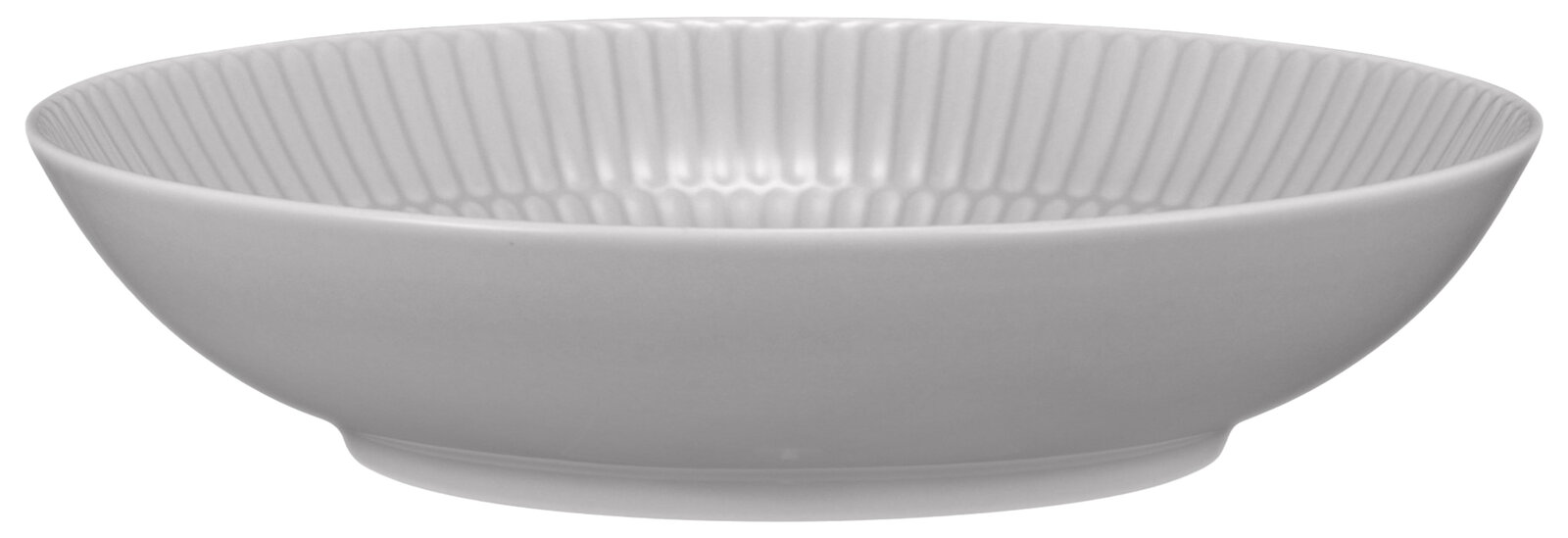Runder Suppenteller aus weißem Porzellan mit geriffeltem Rand, seitliche Perspektive