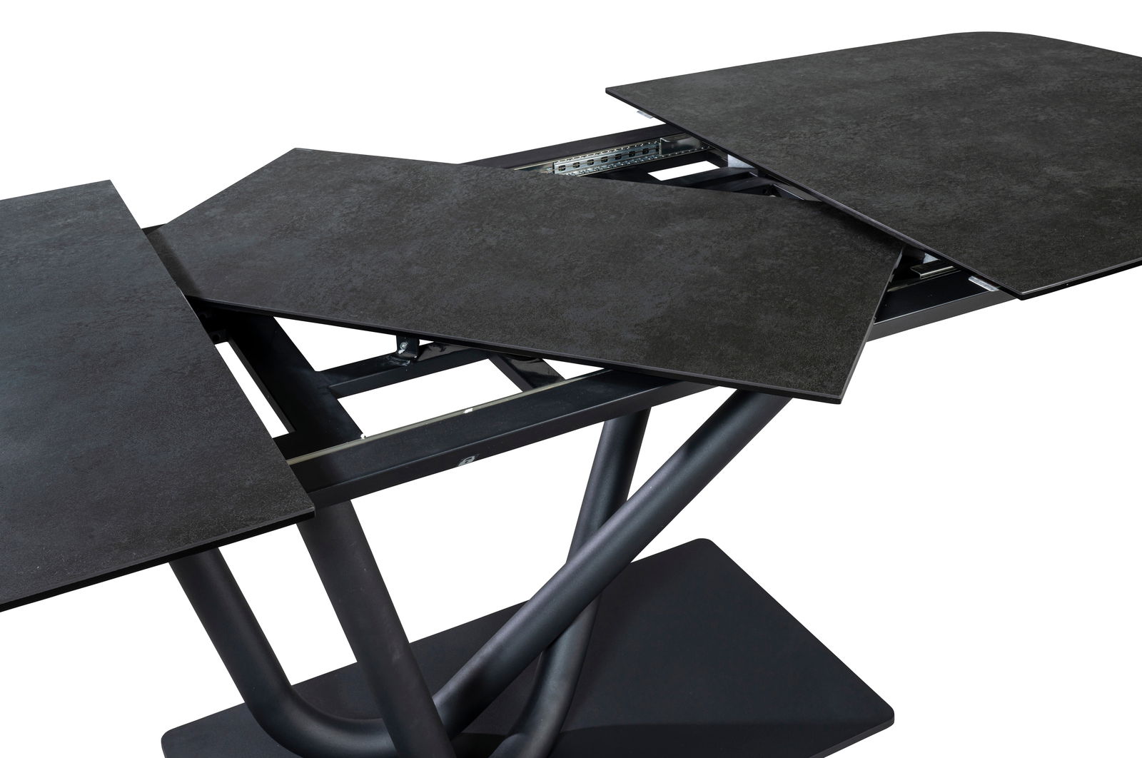 Moderner Esstisch mit ausziehbarer Tischplatte in dunkler Farbe, seitliche Perspektive