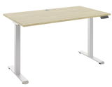 Moderner höhenverstellbarer E-Schreibtisch mit heller Holzoberfläche und weißem Gestell, seitliche Perspektive.