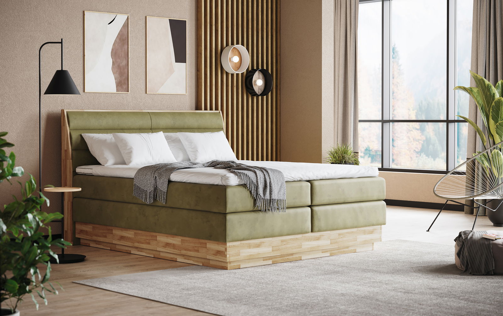 Modernes Boxspringbett in einem stilvollen Schlafzimmer mit grüner Polsterung und Holzdetails, seitliche Perspektive