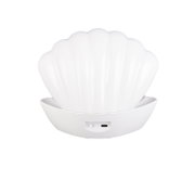 Weiße LED-Nachtlampe in Muschelform mit USB-C-Anschluss und Ein-/Aus-Schalter, Frontansicht