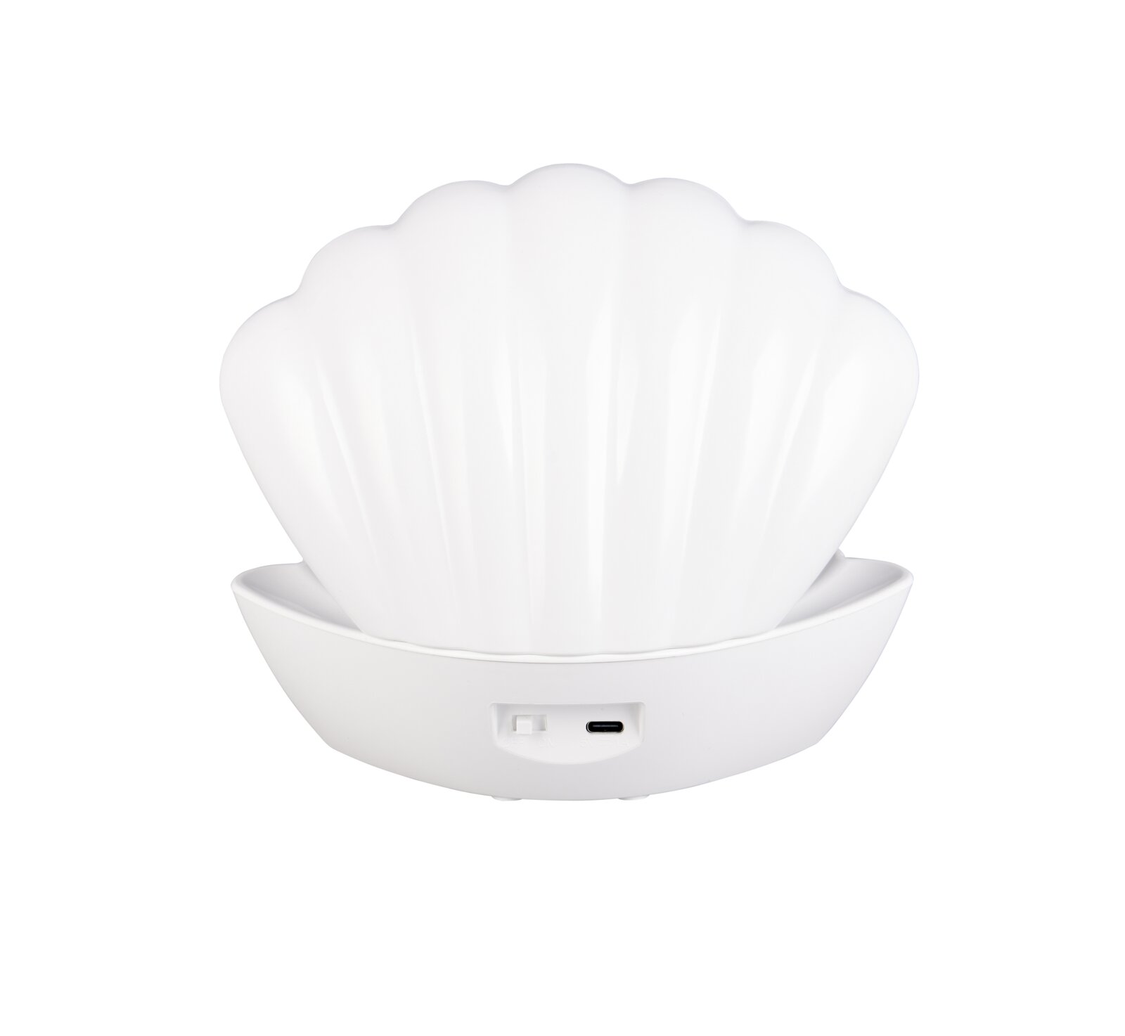 Weiße LED-Nachtlampe in Muschelform mit USB-C-Anschluss und Ein-/Aus-Schalter, Frontansicht