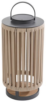 Solarlampe mit geflochtenem Design und Tragegriff, seitliche Perspektive