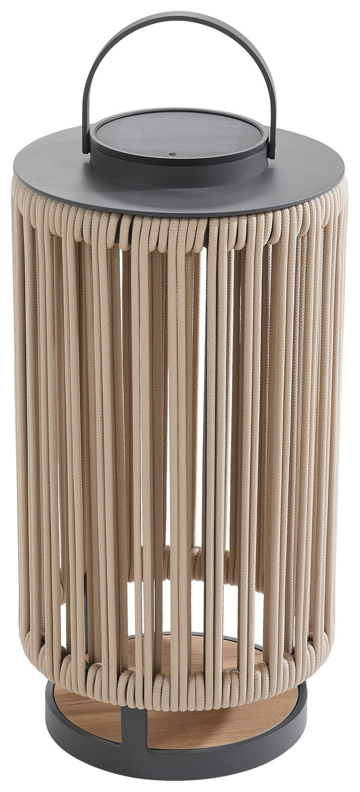 Solarlampe mit geflochtenem Design und Tragegriff, seitliche Perspektive