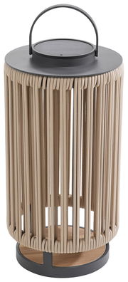 Solarlampe mit geflochtenem Design und Tragegriff, seitliche Perspektive