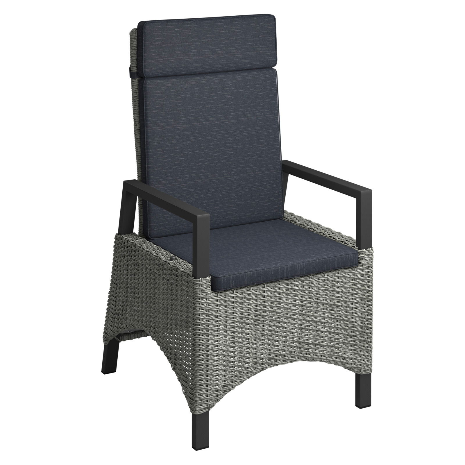 Gartensessel aus grauem Geflecht mit dunkelgrauen Kissen, seitliche Perspektive