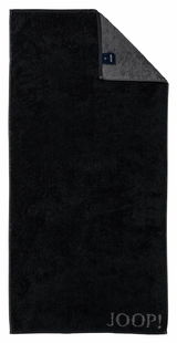 Schwarzes Handtuch mit grauer Ecke und Joop-Logo, Draufsicht