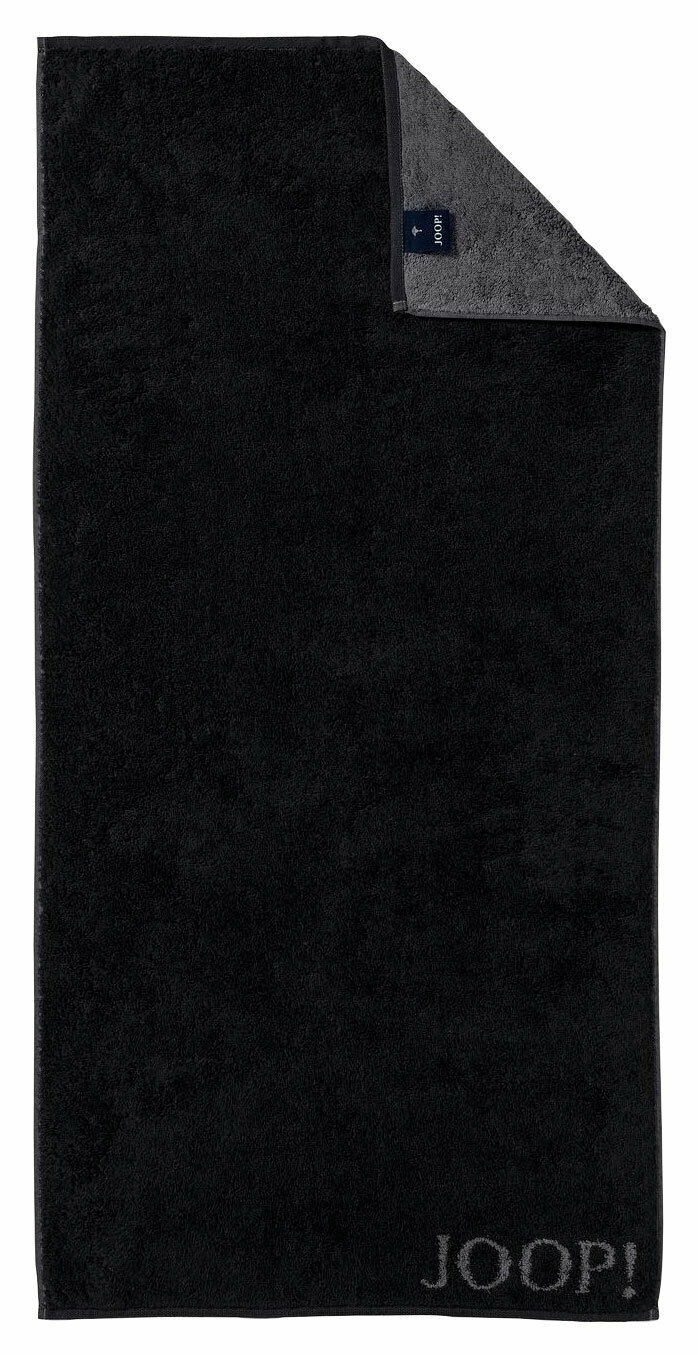 Schwarzes Handtuch mit grauer Ecke und Joop-Logo, Draufsicht