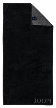 Schwarzes Handtuch mit grauer Ecke und Joop-Logo, Draufsicht