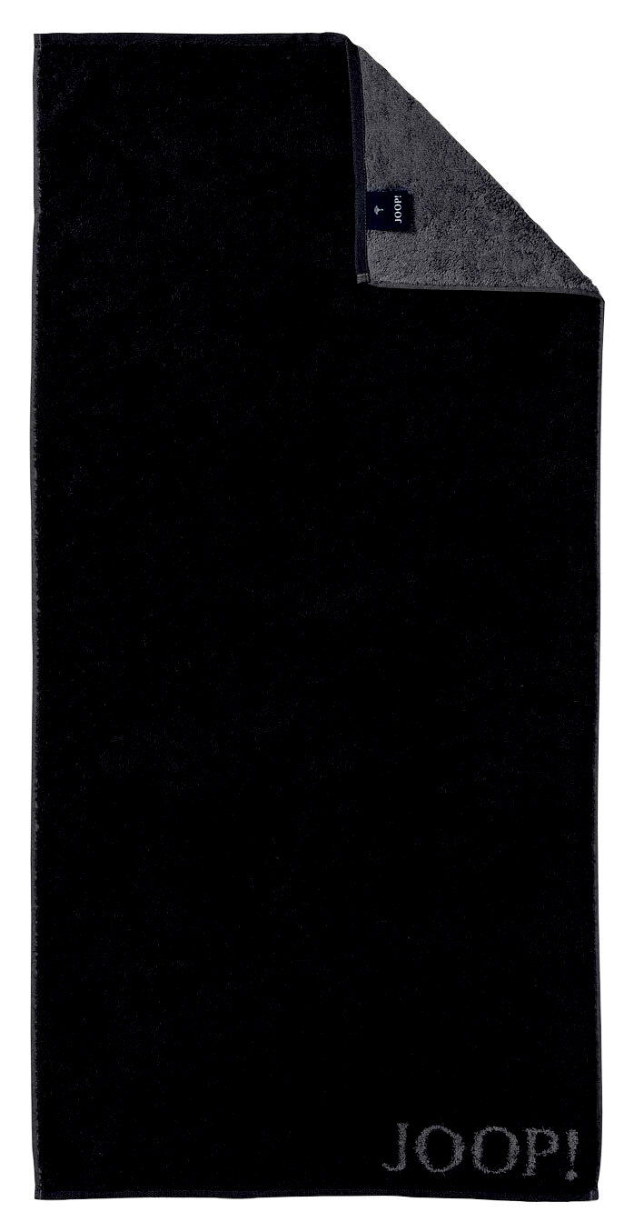 Schwarzes Handtuch mit grauer Ecke und Joop-Logo, Draufsicht
